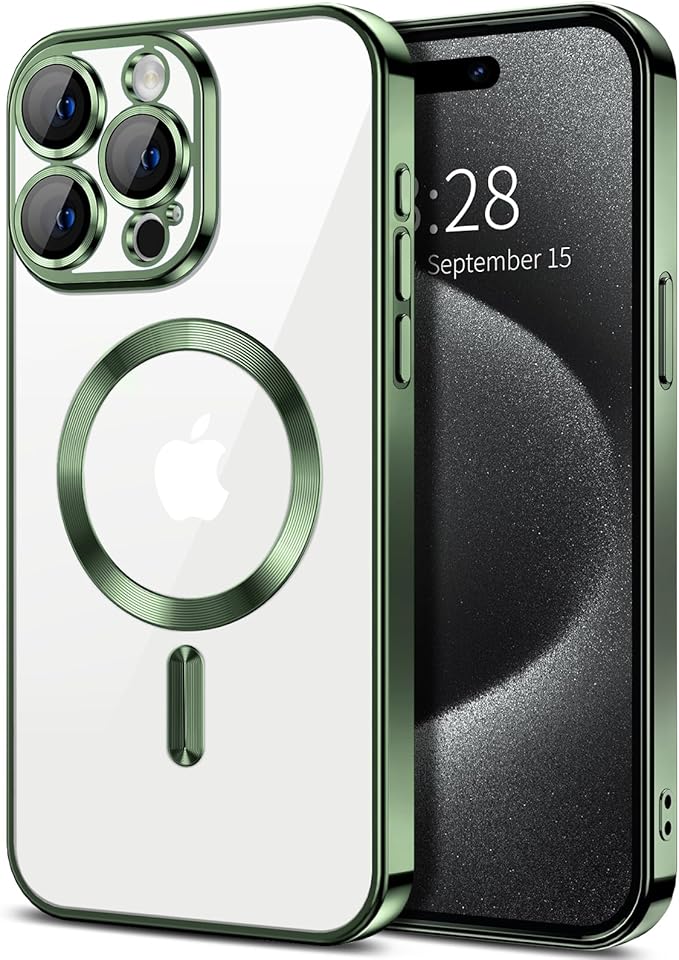 Hython Magnetic Clear for iPhone 15 Pro Case with Camera Lens Protector [Compatible with MagSafe] Luxury Plating Edge Slim Soft TPU Cover Protective Phone Case for iPhone 15 Pro 6.1", Deep Green