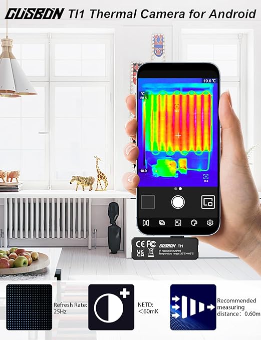 TI1 Thermal Imaging Camera Android, 120 x 90 IR Resolution Thermal Imager with 0.1°C Temp Resolution, -20°C~400°C Temp Range< 60mk Heat Sensitivity, Video Recording (Android USB-C)