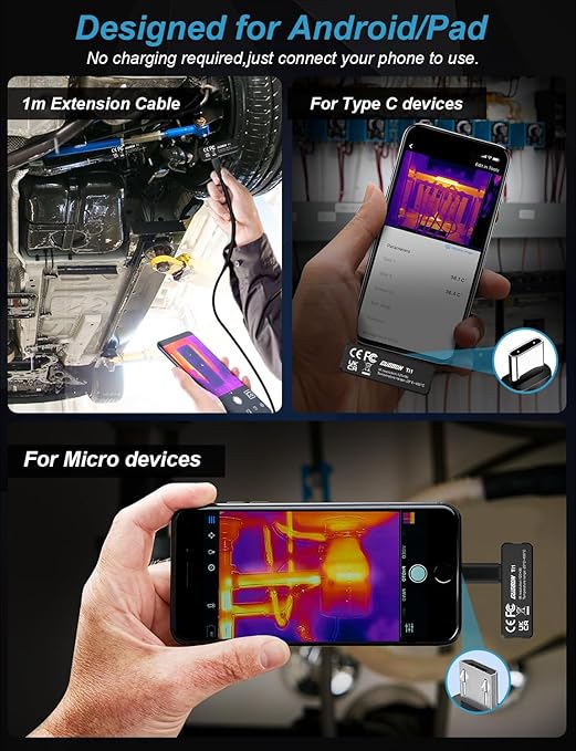 TI1 Thermal Imaging Camera Android, 120 x 90 IR Resolution Thermal Imager with 0.1°C Temp Resolution, -20°C~400°C Temp Range< 60mk Heat Sensitivity, Video Recording (Android USB-C)