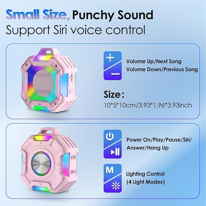 Bluetooth Shower Speaker, Speakers Bluetooth Wireless, IPX7 Waterproof Outdoor Speaker, Portable Speaker with LED Light, Clear Surround Sound for Home/Camping/Yoga/Kayaking(Pink)