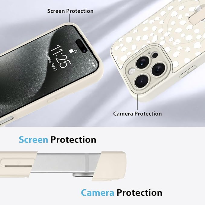 KANGHAR Compatible with iPhone 15 Pro Max Case, Support for MagSafe, Silicone Speck Leopard Cute Pattern, Wristband Kickstand Camera Protection Soft Slim Cover for Girls Women -White