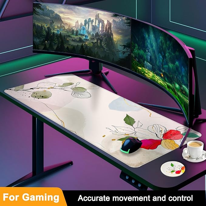 Large Gaming Mouse Pad with Coaster, Desk Matt for Desktop, Desk Pad, Mouse Pads Mat, Stitched Edges Big Extended Mousepad for Computer Keyboard Laptop Office Decor, 31.5'' x15.6''-Flowers&Leaves