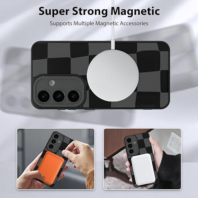 KANGHAR Compatible with Samsung Galaxy S25 Case, Support for MagSafe, Silicone Checkered Cute Pattern, Wristband Kickstand Camera Protection Soft Slim Cover for Girls Women -Black