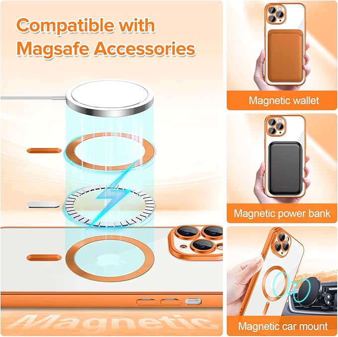 Hython Magnetic Clear for iPhone 11 Pro Max Case with Camera Lens Protector [Compatible with MagSafe] Plating Edge Slim Soft TPU Cover Protective Phone Case for iPhone 11 Pro Max 6.5", Matte Orange