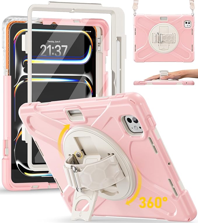 BRAECN Case for iPad Pro 11 inch M5 2025 & M4 2024, 4 Layers Heavy Duty Full-Body Protection Screen Protector Pencil Holder, 360° Rotating Handle Kickstand, Shoulder Strap Kids Friendly