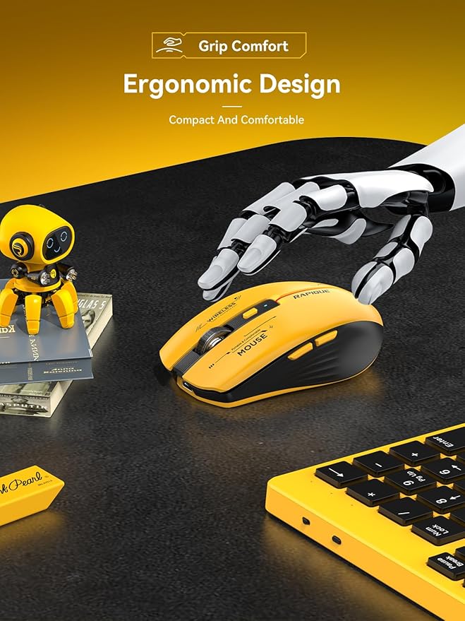 RAPIQUE Bluetooth Wireless Mouse - (BT1/BT2+USB Receiver) Tri-Device Compatibility for PC, Laptop, Computer, MacBook, Tablet (Black and Yellow)