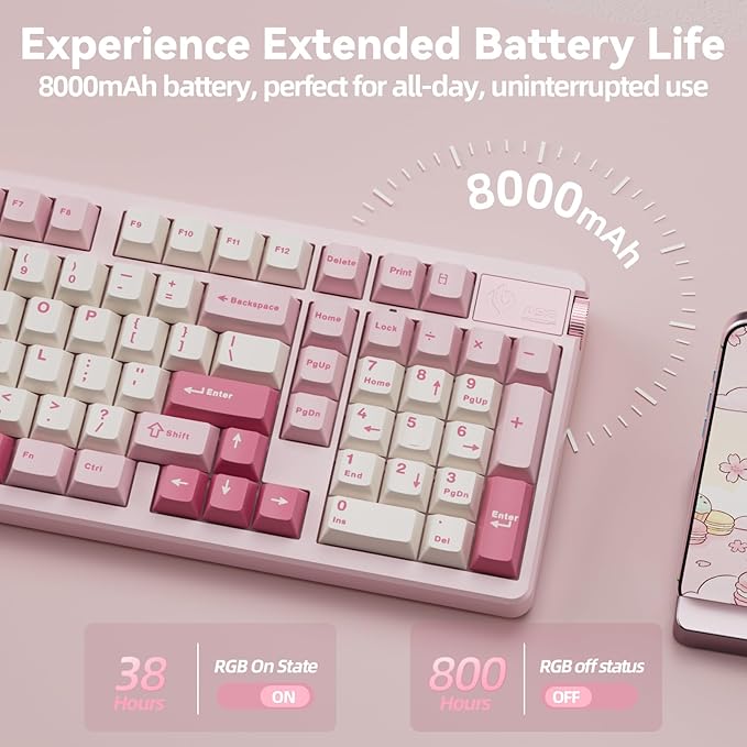 LEOBOG A98 Wireless Mechanical Keyboard, Tri-Mode BT5.0/2.4GHz/USB-C, Creamy Keyboard with Number Pad, Gasket Structure Hot Swappable, PBT Keycaps, RGB Backlit Pink Gaming Keyboard with Knob for PC