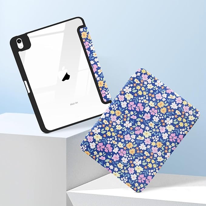 MrARTIST for iPad Air 11 Inch Case M3/M2 - Air 5th/4th Generation 10.9" Cute Women Girls Girly Kawaii Aesthetic Kawaii Design for Apple Air Tablet Cover with Pencil Holder, Blue Floral