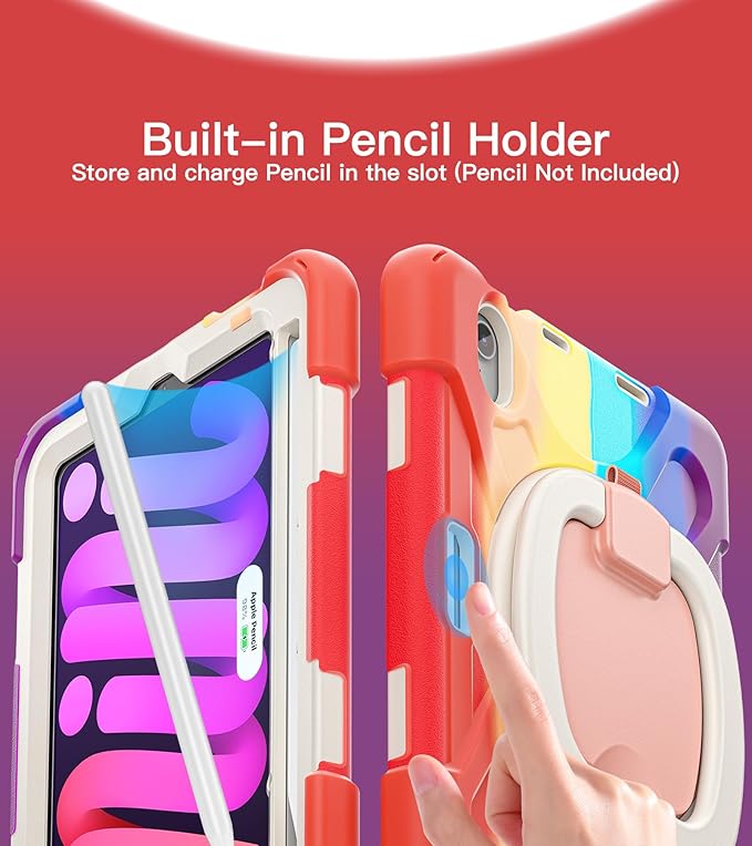 BATYUE Case for iPad mini 7 A17 Pro 2024/iPad Mini 6 2021 8.3 Inch with Pencil Holder, 360 Rotating Stand, Shoulder Strap, Handle Grip, Shockproof Rugged Case for iPad mini 7th/6th Gen, Colourful Red