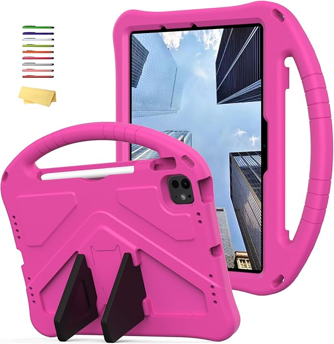 Kids Case for iPad Air 11 inch M4/M3/M2 (2026/2025/2024) & iPad Pro 11 inch M5/M4 (2025/2024) with Pencil Holder/Handle Kickstand/Lightweight Soft EVA Shockproof Boy Girl Stand Cover, Rose