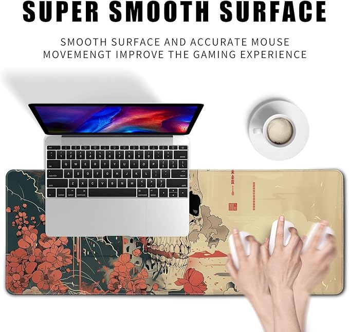 Skull Mouse Pad Japanese Ukiyo-e Mouse Pad XL Anime Big Mouse Pads for Desk Large Gaming for Men Desk Pad with Stitched Edges Non-Slip Large Computer Mat, 31.5x11.8 in