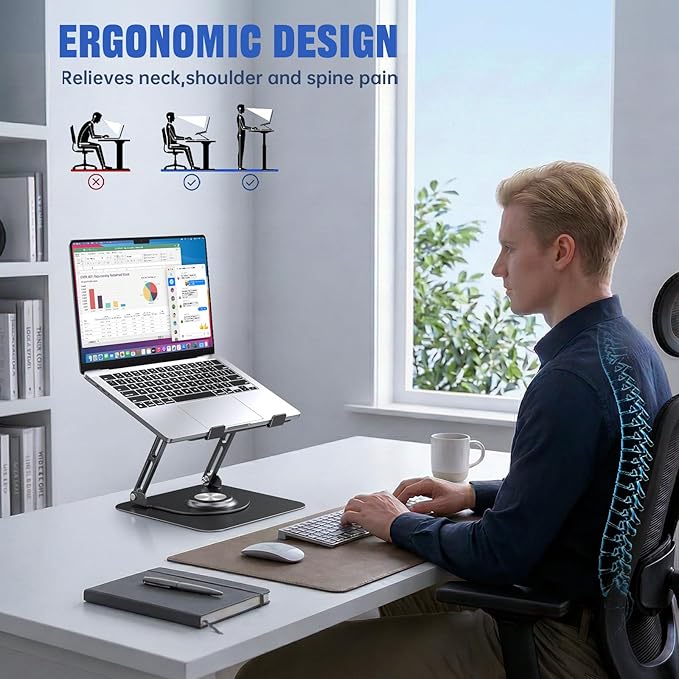 JOYEKY Laptop Stand for Desk, Adjustable Computer Stand with 360° Rotating Base, Ergonomic Laptop Riser for Collaborative Work, Foldable & Portable Laptop Stand, fits for All 10-16" Laptops (Black)