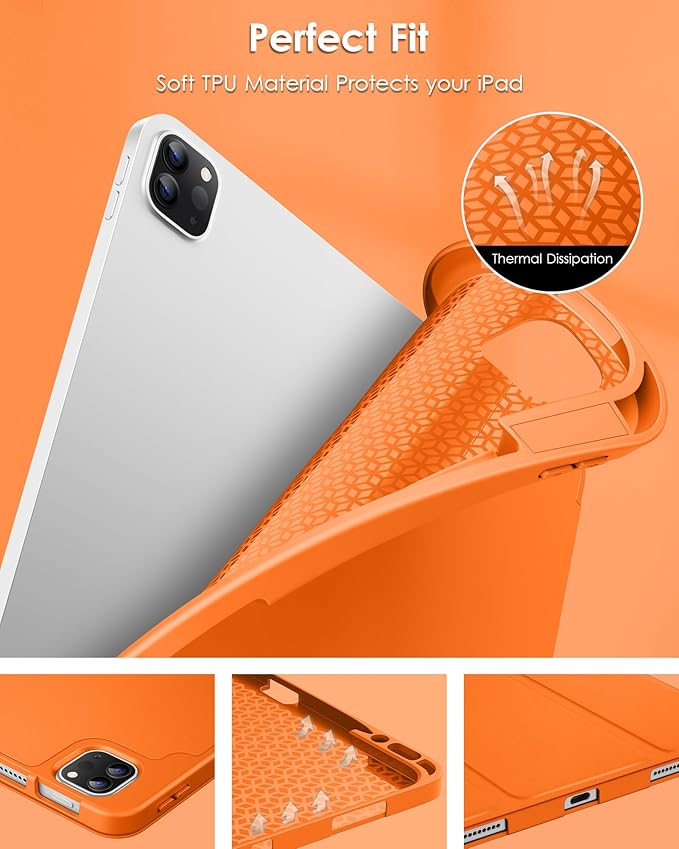 DTTO for iPad Air 13 Inch Case M4/M3/M2 2026/2025/2024, iPad Pro 12.9 Inch Case (6th/5th/4th/3rd Gen), Smart Slim Trifold Stand Soft Cover with Pencil Holder, Orange