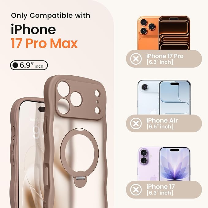 CAPRARO for iPhone 17 Pro Max Case with 360° Spin Magnetic Stand for Women, [Compatible with MagSafe] [Full Camera Protection] Cute Wave Translucent Matte Case for iPhone 17 Pro Max, Brown