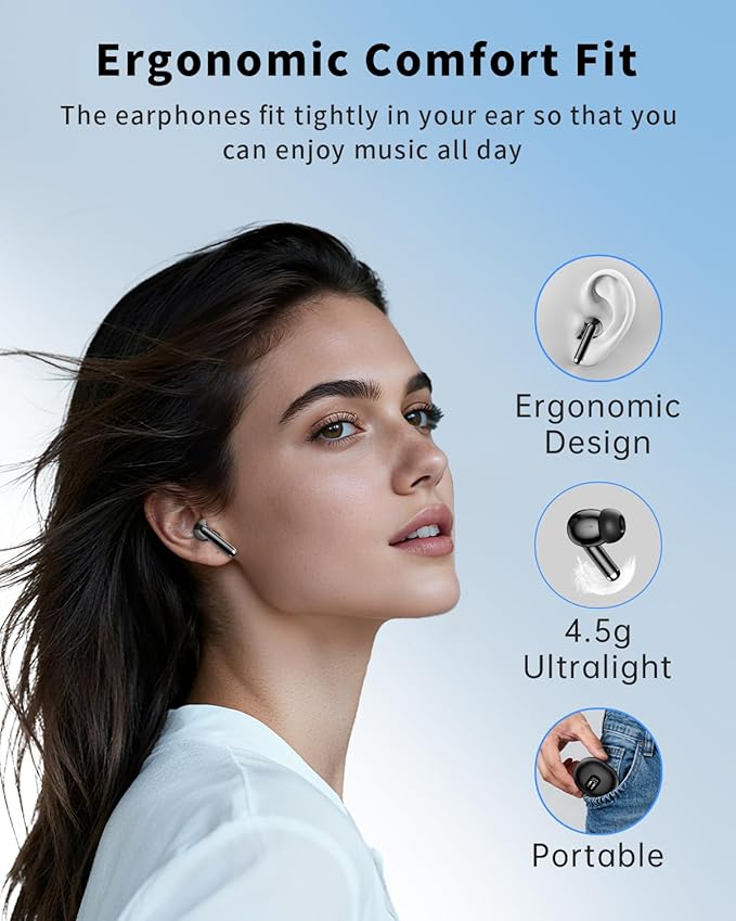 Wireless Earbuds, Bluetooth 5.4 Headphones with 50H Playback, Deep Bass Stereo Ear Buds Clear Calls with LED Power Display, IPX7 Waterproof, in-Ear Earphones with Mic for Phone/Android/iPad, Black