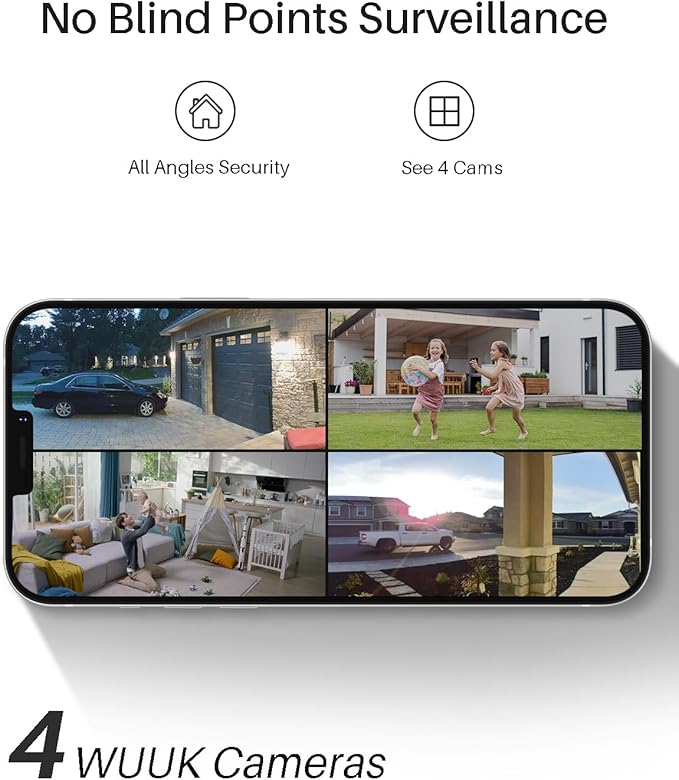 WUUK Solar Security Cameras Wireless Outdoor, Home Surveillance System, 2K, No Monthly Fee, Motion Alert, Night Vision, 2.4/5 GHz WiFi, 32G Local Storage, Compatible with Alexa & Google, 4-Camera Kit