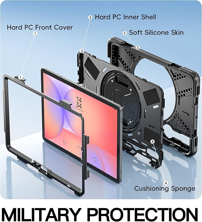 BRAECN Case for Samsung Galaxy Tab S10 Lite/S10 FE/S9 FE 5G 10.9"& S9/S8/S7 11",Heavy Duty Shockproof Silicone Cover with 360 Rotating Stand &Hand Strap, Kickstand, Shoulder Strap, S Pen Holder, Black