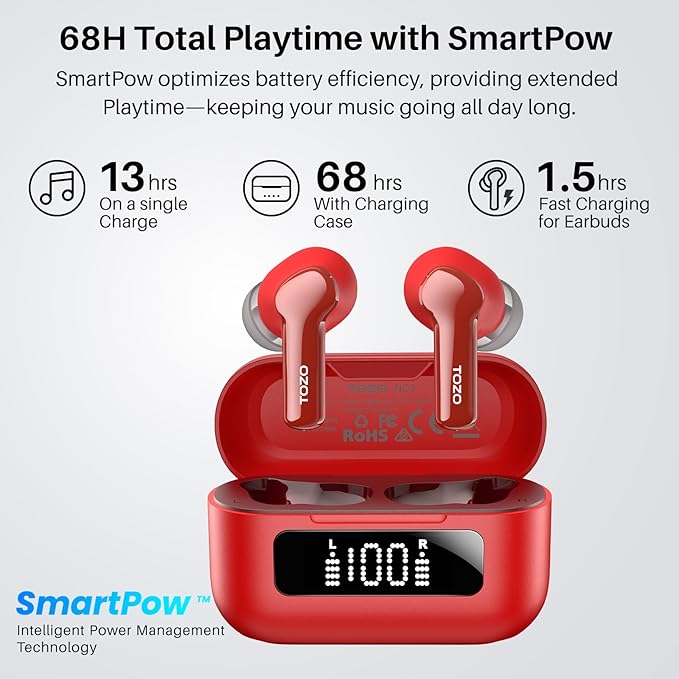 TOZO Hybrid Active Noise Cancelling Wireless Earbuds with 6 Mics AI Clear Call Ear Buds 68H Playtime with LED Display 32 Preset EQs via APP Bluetooth 5.3 IPX8 Waterproof in Ear Headphones