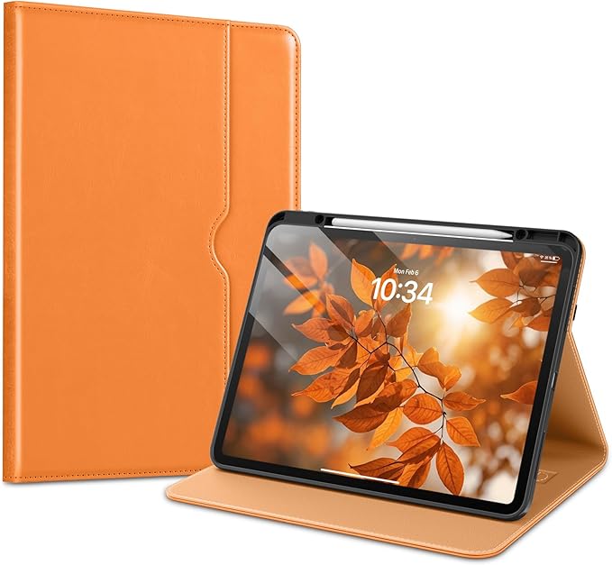 VIKESI Case for iPad Pro 13 (M4) 2024, Leather Stand Cover with Apple Pencil Holder, Auto Wake/Sleep, Multiple Viewing Angles, Built in Hand Strap & Pocket, Orange