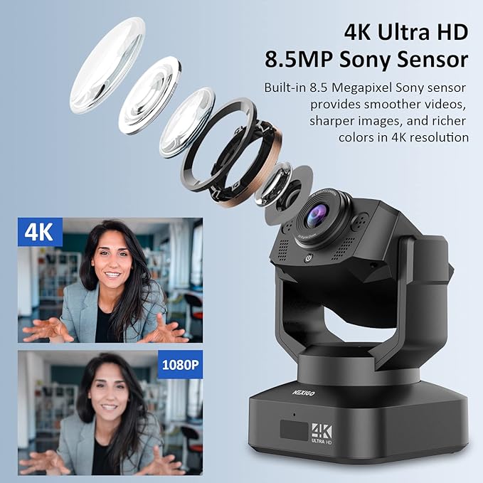 4K PTZ Webcam Kits, NexiGo N990 (Gen 2) UHD 2160P Webcam with 5X Digital Zoom, Sony Starvis Sensor, Position Preset, Flexible Mini Tripod, for Skype/Teams/Zoom Meetings