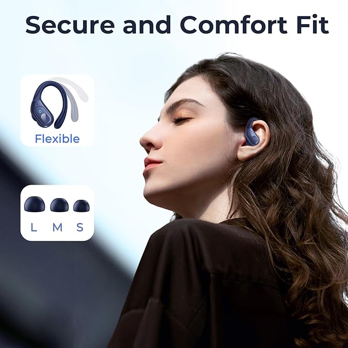 occiam Active Noise Cancelling Earbuds Wireless Bluetooth Headphones Ear Buds 90Hrs Playback Stereo Bass Earphones with Mic Over-Ear Hooks IPX7 Waterproof Headset for Work Sports (Deep Blue)