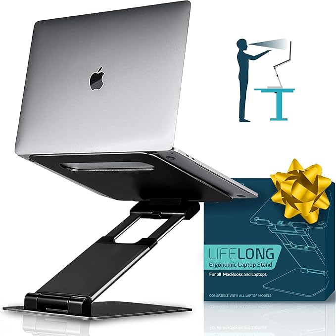 Lifelong Adjustable Laptop Stand for Desk, Ergonomic Premium Aluminum Laptop Riser, Portable Foldable Computer Stand, Height Adjustable up to 20”, Fits 10-17 Inch Laptops & MacBooks