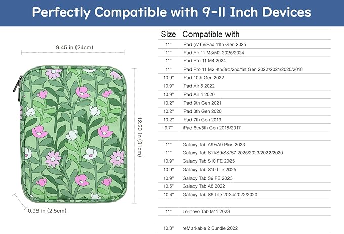 Dadanism 9-11" Tablet Sleeve Bag Carrying Case for iPad (A16) 11th Gen 11", iPad 10th Gen 10.9" Air 5/4, iPad Air M4/Pro 11", iPad 9/8/7th, Galaxy Tab A11+ Plus 11", Remarkable 2 10.3",Papaver Rhoeas