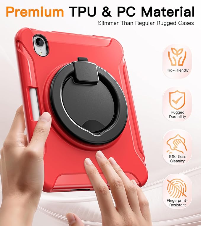 BATYUE Shockproof Case for iPad mini 7 (A17 Pro)/ Mini 6 8.3 inch (2024/2021) - 360° Multi-Angle Stand (Portrait & Landscape) & Grip, Built-in Pencil Holder, Red