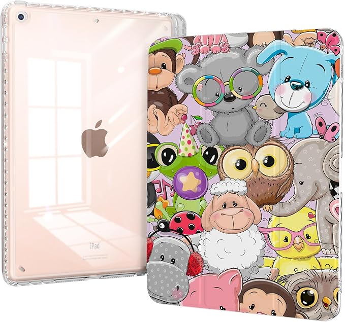 Slim Case for iPad 9th/ 8th/ 7th Generation, Cute iPad 10.2 Inch Case (2021/2020/2019) Girly, Protective Clear Back Cover with Trifold Stable Stand, Auto Wake/Sleep, Animals