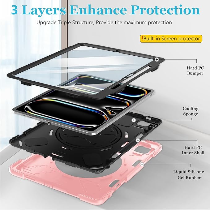 Case for iPad Pro 13 Inch M5 2025/ M4 2024: Military Grade Cover for iPad Pro 13" with Screen Protector - Stand - Handle - Shoulder Strap - Pencil Holder-Orange
