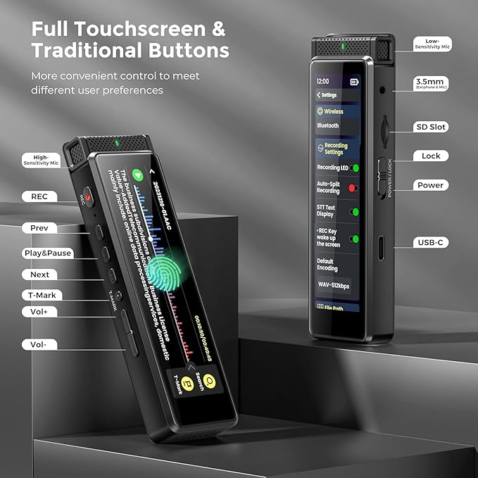 8GB Digital Voice Recorder with Playback, Innioasis R1 Full Touchscreen Voice Recorder with Bluetooth, Voice Activated Sound Audio Recorder Device with Mic Black