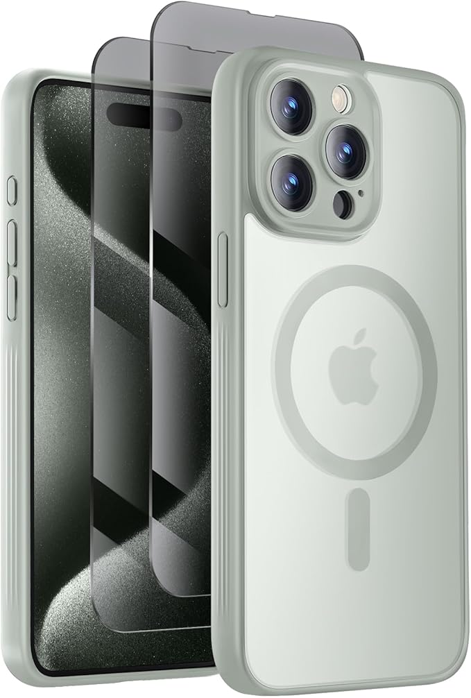 Symcele Designed for iPhone 15 Pro Case, Compatible with MagSafe, with Privacy Screen Protectors X2, [Camera Protection] [15FT Military Drop Protection] Shockpoof Phone Case, 6.1'', Calke Green