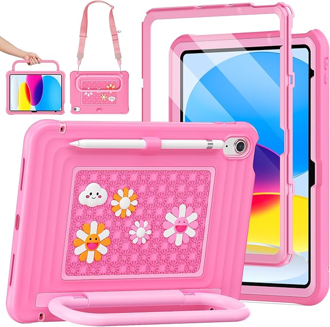KAIJIAbox Kids Case for iPad A16 11th Generation 11 inch 2025/10th Generation 10.9” 2022- Military-Grade Rugged Drop Protection with Metal Handle/Stand, Screen Protector,Shoulder Strap-Pink