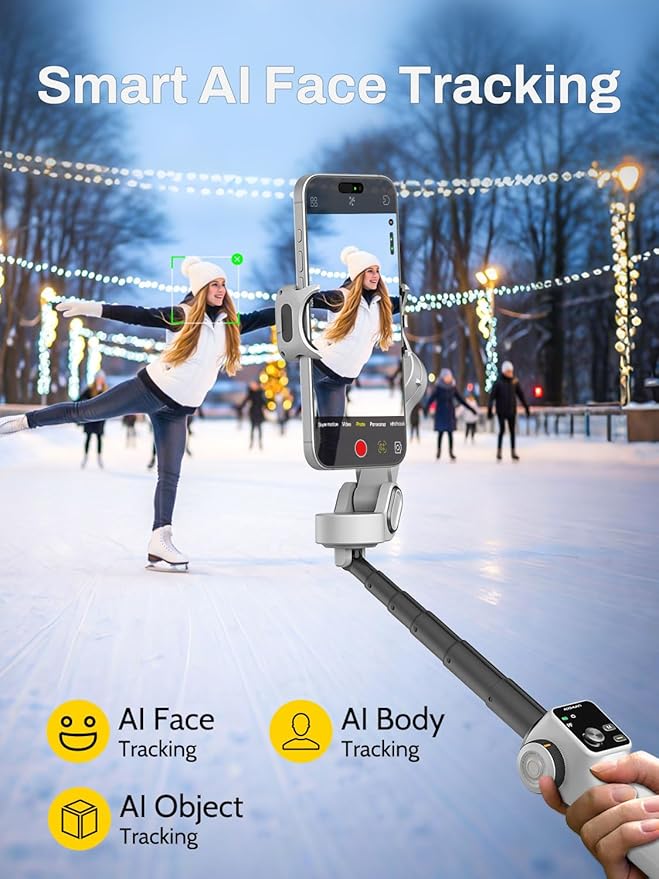 AOCHUAN Smartphone Gimbal Stabilizer for iPhone & Android, 3-Axis Phone Gimbal with Bluetooth Remote Control, Built-in 7.8” Extendable Rod, Face Tracking, Video Stabilizer – Smart V8 Kit White