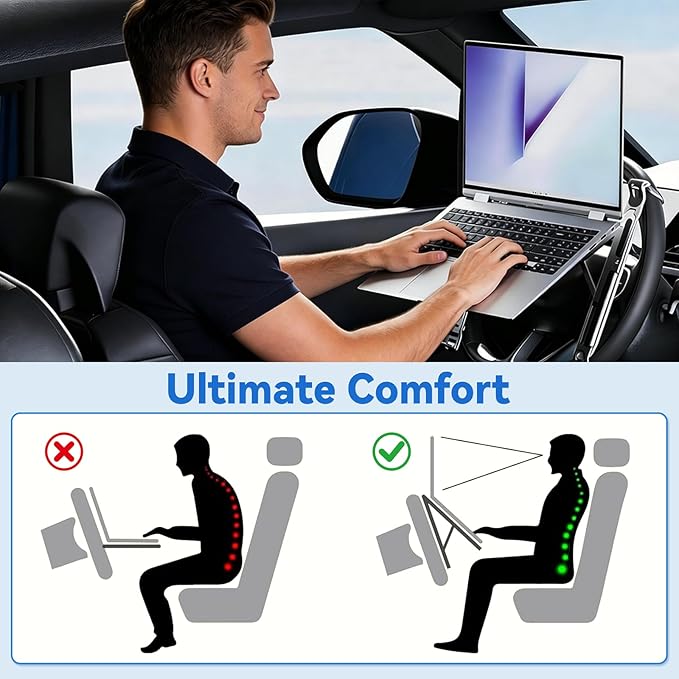 Car Laptop Mount Steering Wheel Tray Holder, Height Adjustable Car Desk for Laptop Computer Tablet, Foldable Portable Lap Laptop Stand for Car Vehicle Workstation Accessories Truck SUV Tesla