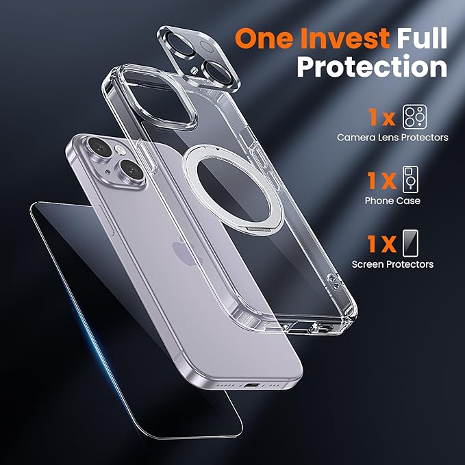 toushion 3 in 1 for iPhone 14 Case Stand |Build in Kickstand,Screen Protector *1 & Camera Lens Protector*1, Not Yellowing, Fits MagSafe, Military-Grade Protection