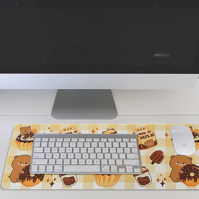 Kawaii Bear Gaming Mouse Pad for Desk, Extended Large Bear Chocolate Donut Mouse Pad, Orange Yellow Mousepad XL, Long Big Mouse Mat, Kawaii Bear Decor Stuff Accessories, 31.5 X 11.8 Inch