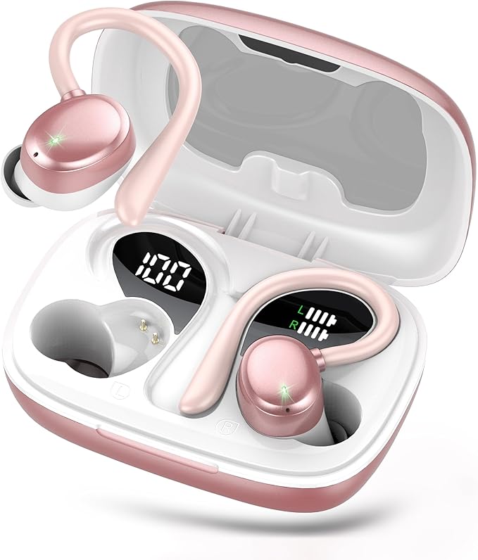 KT1 Bluetooth Headphones Wireless Earbuds 72hrs Playtime Wireless Charging Case Digital Display, Ear Buds with Earhook,IPX7 Waterproof, Deep Bass 2.0,Over-Ear Earphones for Sport Running