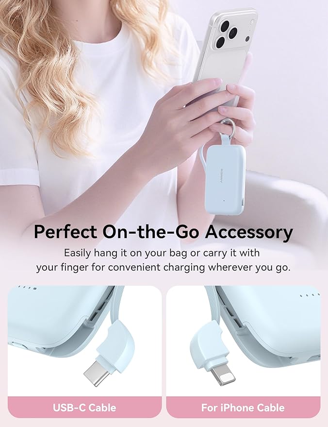 RORRY CharmGo Portable Charger, 10000mAh PD 30W Fast Charging Portable Charger Power Bank with Built-in Cables, Travel Keychain Charger Battery Pack for iPhone 17/16/15, for AirPods 2/3/4/Pro, Blue