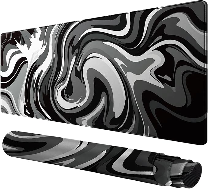 Large Gaming Mouse Pad - Black and White Mouse Pad with Stitched Edges, Extended XL Mousepad with Anti-Slip Rubber Base, Ink Liquid Wave Desk Mat for Keyboard and Mouse(31.5x15.8 inch)