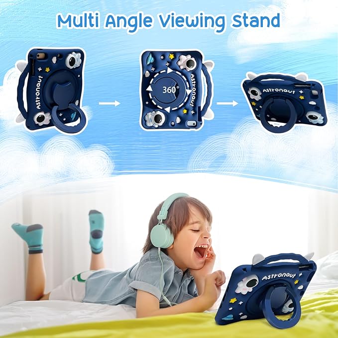 Kids Case for Apple iPad A16 11" 11th 10th Gen 10.9" 2025 2022, Cute Design EVA Kickstand Shockproof Kids Friendly Bumper Case with Shoulder Strap Cover for iPad 11th 10th Gen, Blue Spaceman