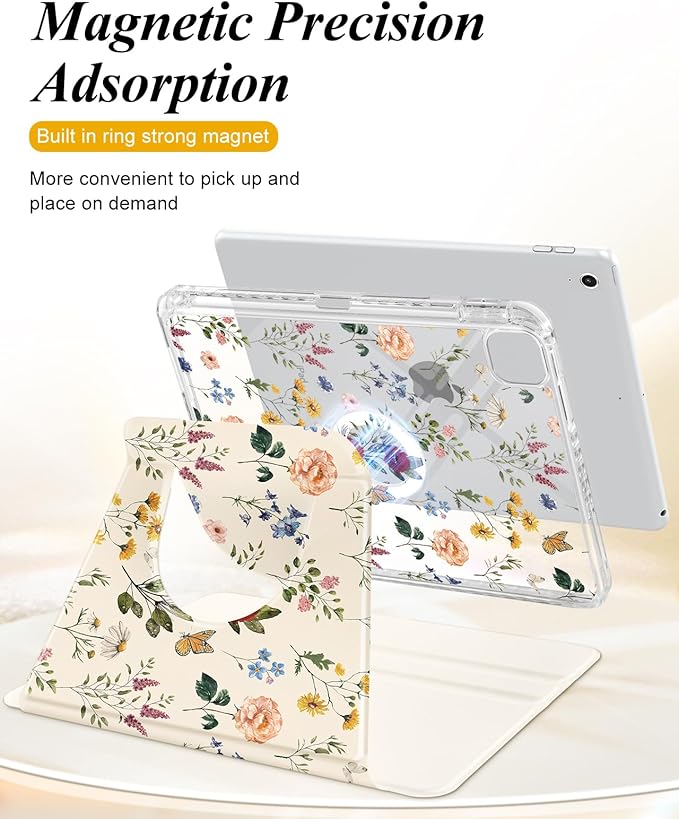 Shorogyt for iPad Air 11 Inch Case Air M4 2026, 8th Gen/M3 2025/M2/Air 5th Generation 2022/Air 4th Gen 2020/Pro 11 Inch Case Magnetic Stand for Women - Cute 360 Degree Rotating Covers Girls Flower
