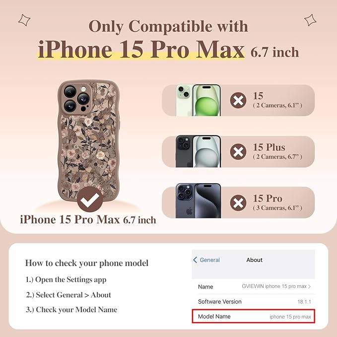 GVIEWIN for iPhone 15 Pro Max Case Compatible with MagSafe [Curly Wave Edge][Full Camera Protection] Floral Translucent Shockproof Magnetic Women Phone Case for 15 Pro Max 6.7'', Apricot Blossom/Brown