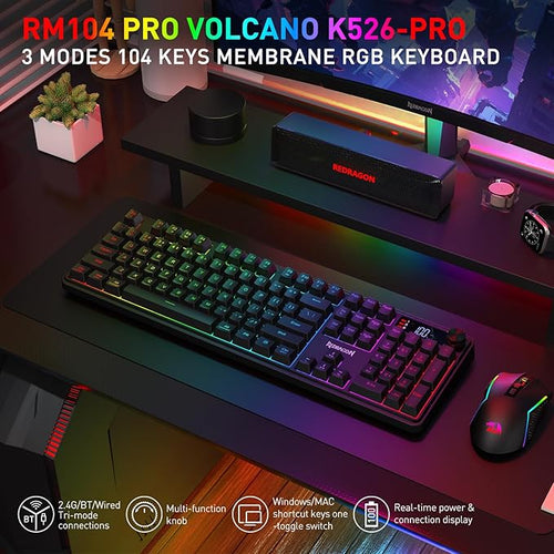 Redragon K526 PRO RGB Wireless Membrane Gaming Keyboard, 104 Keys Mechanical-Feel Keyboard w/LED Info Display, Media/Backlit Knob Control, Smooth Linear Switch & Software Supported