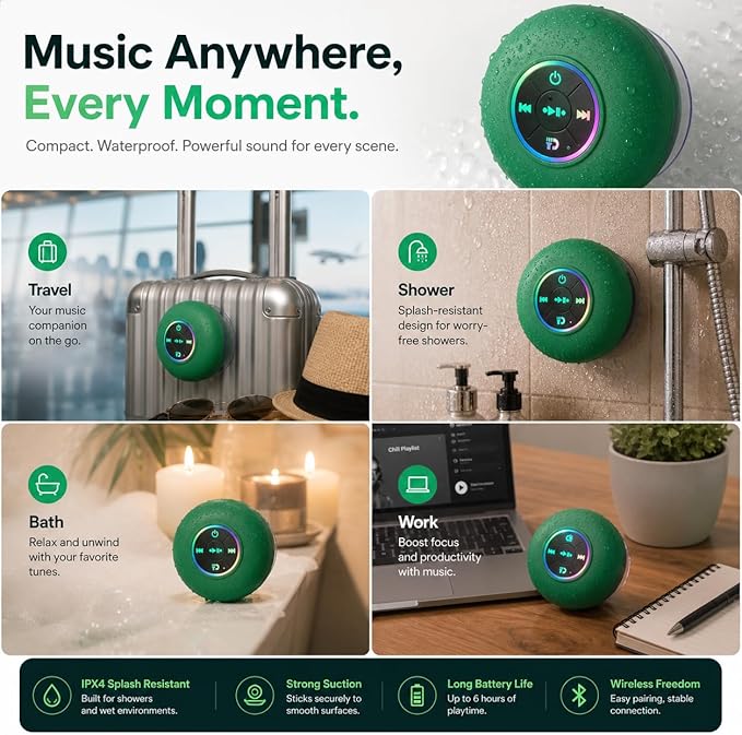Bluetooth Shower Speaker with LED – Portable Wireless Mini Speaker with Mic & Suction Cup, IPX4 Water Resistant for Shower, Travel, Pool, River Floating, and Outdoor Fun (Green)