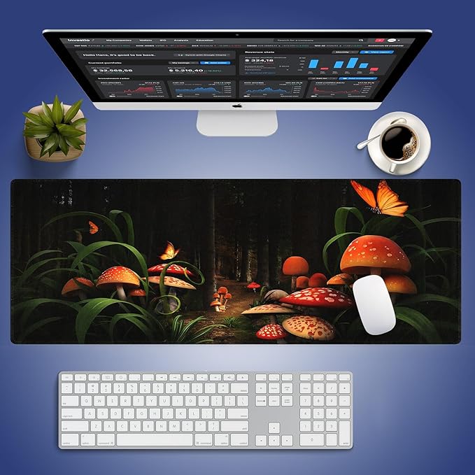 XXL Gaming Mouse Pad with Stitched Edges for PC Home & Office - Mushrooms in Deep Dark Forest Fantasy Nature Earth Path Mystical Design, Smooth Fabric Surface Anti-Slip Base Large Desk Mat