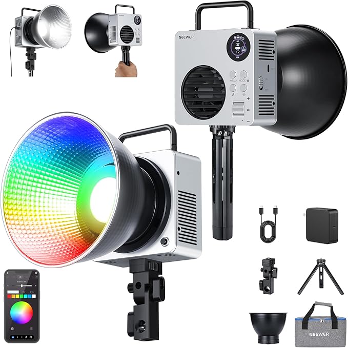 NEEWER 80W RGBWW LED Video Light with 72Wh Battery, 100W PD Fast Charger, APP/2.4G Control, 10400lux/m 2500K-7500K, Mini RGB Bowens Mount Studio Photography Recording Continuous Output Lighting, HB80C