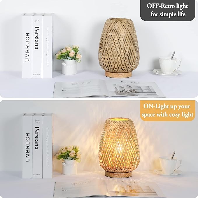 Rattan Table Lamp, Stepless Dimmable Small Beside Lamp, Vintage Wicker Wooden Nightstand Boho Bamboo Woven End Table Lamps for Bedroom Living Room Desk Kids Room, 2700K T45 LED Bulb Included