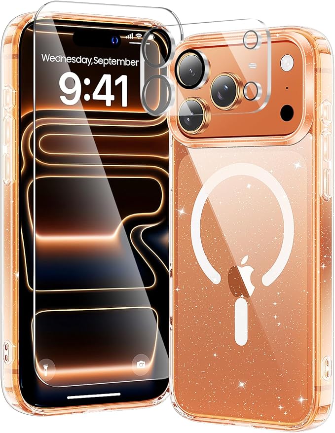 toushion 3 in 1 for iPhone 17 Pro Max Case Clear Glitter,Fits MagSafe, Not Yellowing, Screen Protector*1 Camera Lens Protector*1, Military-Grade Protection for Phone Cover 6.9 inch