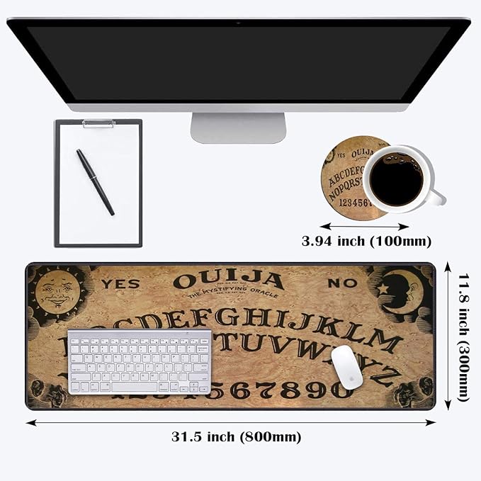Desk Pad Mat Gaming Mouse Pads with Coasters Set, Stitched Edges Design Mouse Pad XXL Large Mouse Pad for Laptop Computers Retro Ouija Board Desk Writing Mat for Office & Home 31.5x 11.8